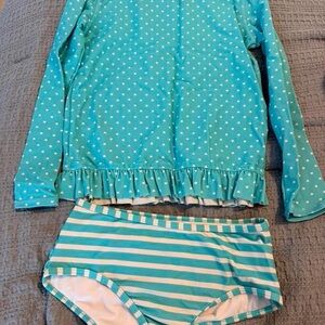 Ruffle Butts Aqua Polka Dot and Stripe Rashguard Set
